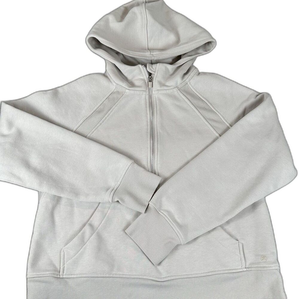 Danskin Womens Half Zip Hoodie Tan Ivory Hooded Sweater Large L Thumb Holes